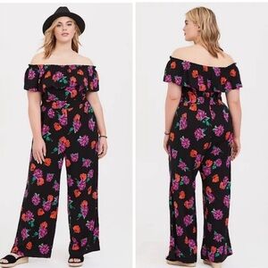 Torrid Black Floral Off Shoulder Challis Ruffle jumpsuit size 2